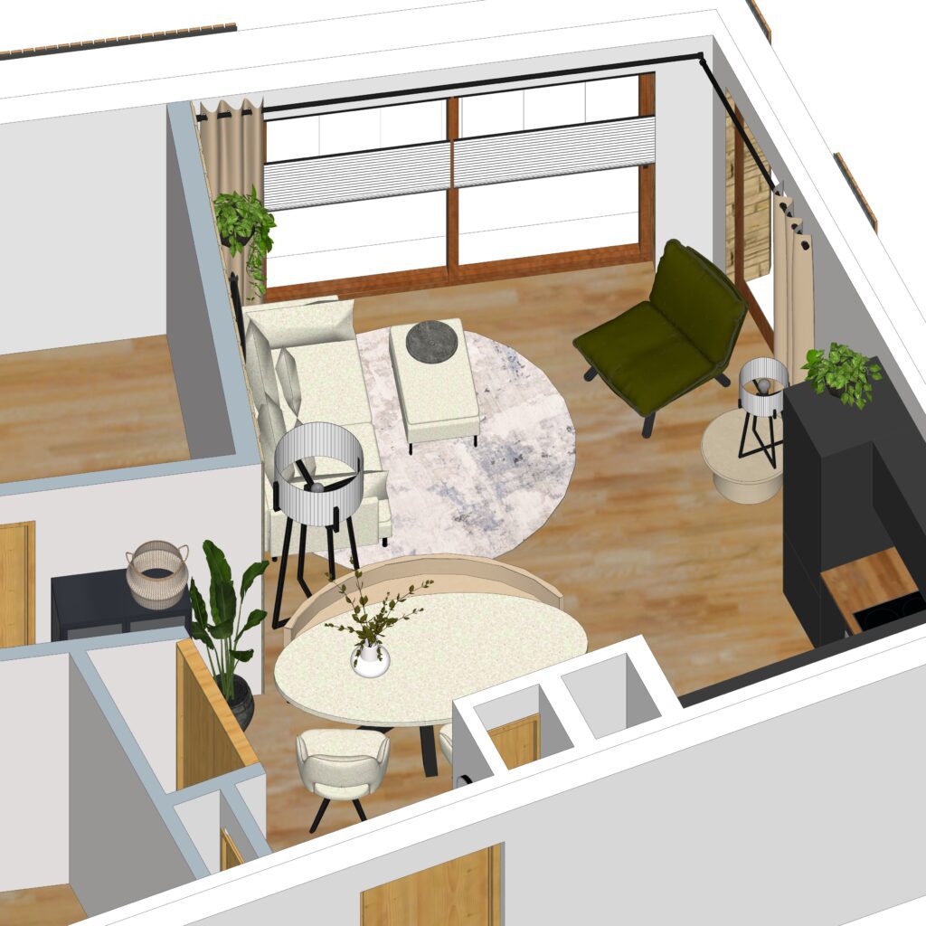 3D Indeling woonkamer, eetkamer en keuken